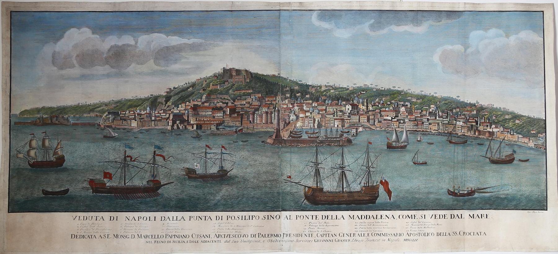 Veduta-di-Napoli-dalla-punta-di-Posillipo-sino-al-ponte-della-Maddalena-come-si-vede-dal-mare-Giovanni-Gravier-1759